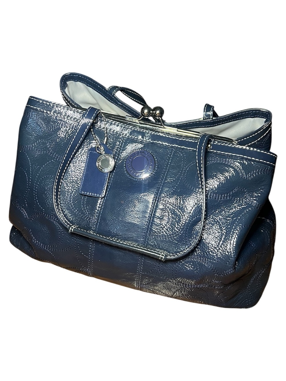 Coach - Signature stitched patent leather kiss lock shoulder bag, Navy Blue